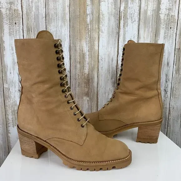 David Aaron Mid Calf Tan Nubuck Leather Lace Up Eyelet Heeled Boots 7 M Spain - Picture 2 of 11